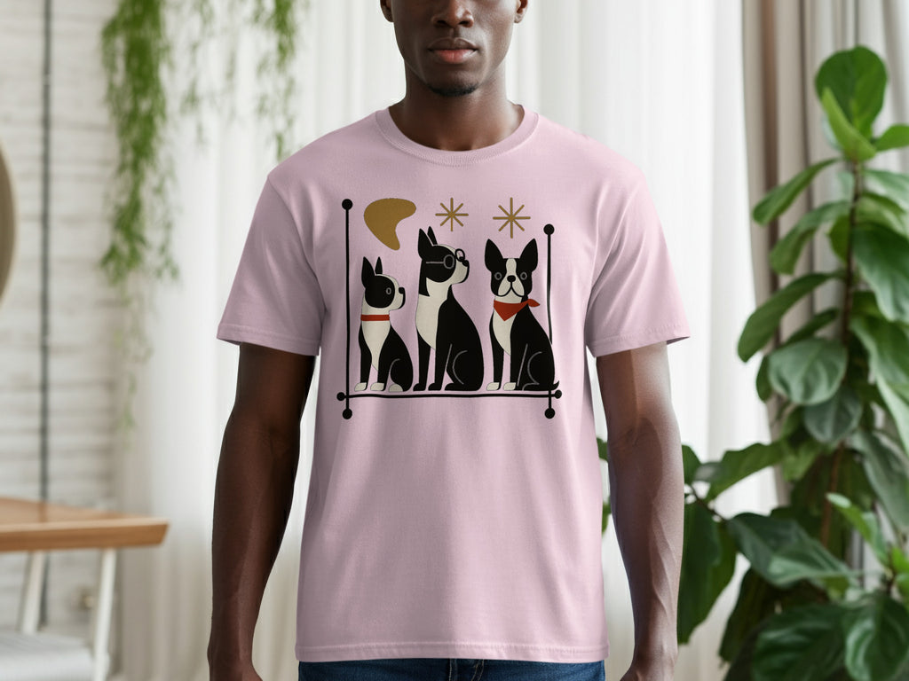 Pink t-shirt with graphic of three black and white Boston Terriers in a frame.
