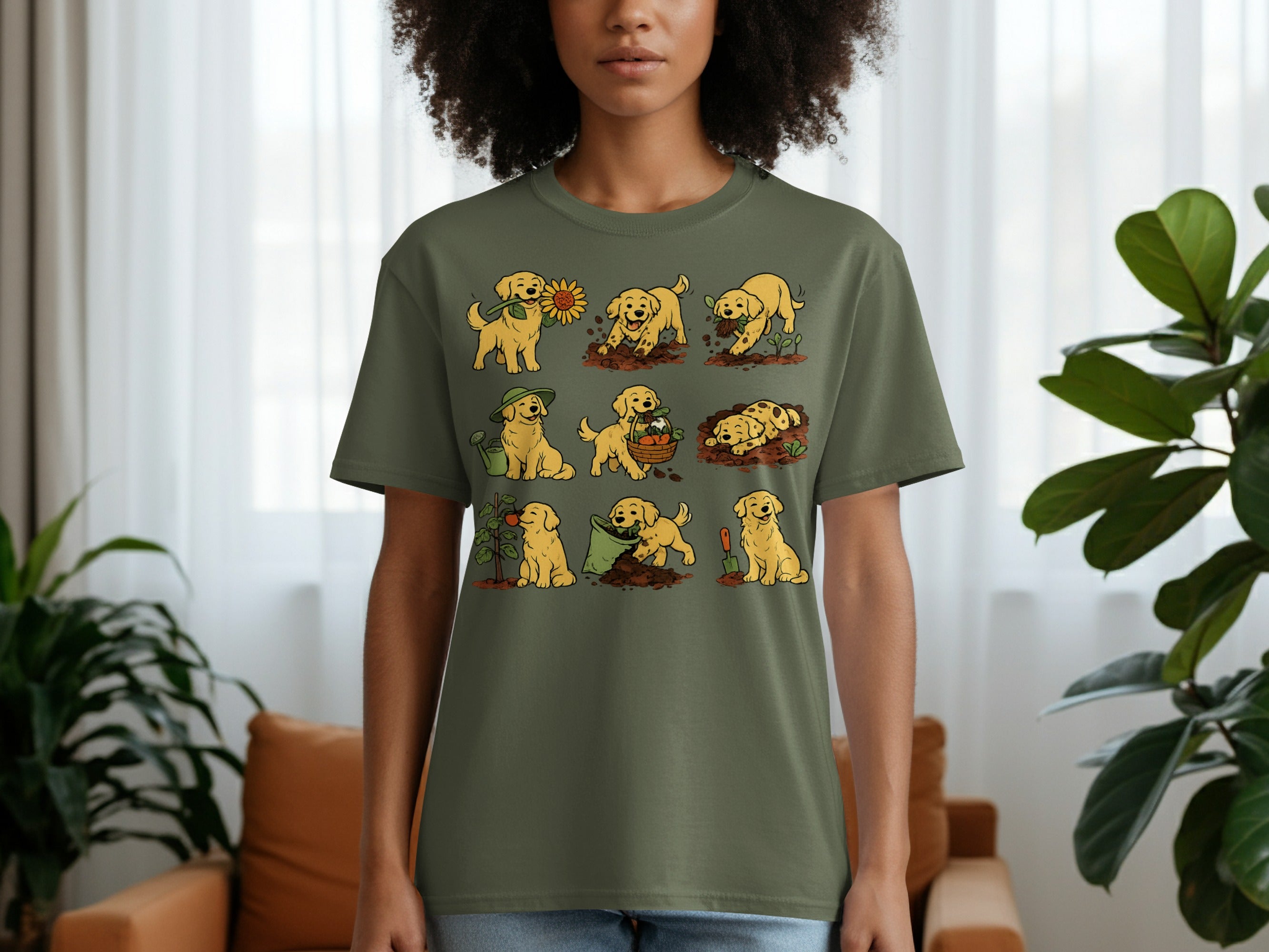 Green t-shirt with a cartoon grid of golden retrievers gardening and interacting with plants.