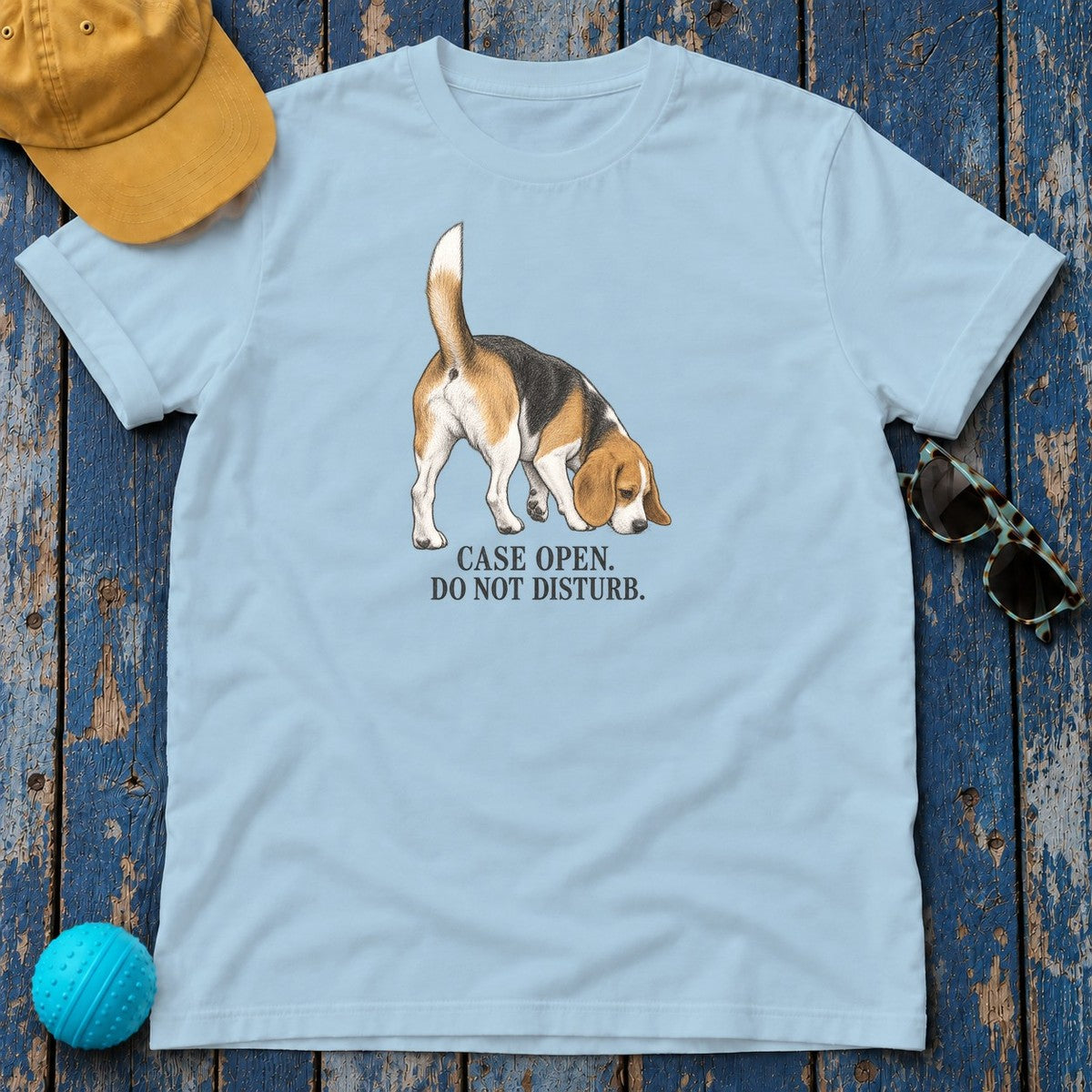 Case Open Do Not Disturb Beagle T-Shirt in Light Blue - flat lay