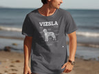 Gray t-shirt with humorous diagram of a Vizsla, labeled with "VIZSLA" and mechanical parts.