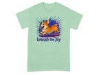 Mint t-shirt with a corgi splashing through purple and blue paint.