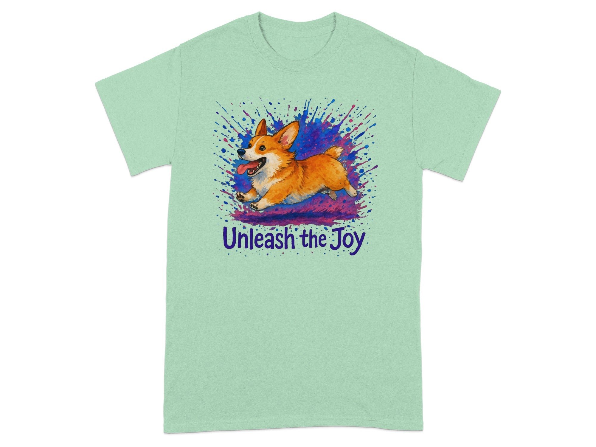 Mint t-shirt with a corgi splashing through purple and blue paint.