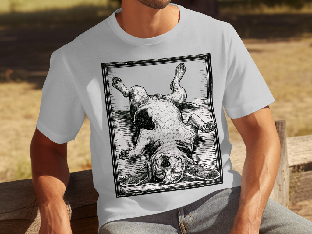 Black and white line art of a beagle dog lying on its back on a wooden floor.