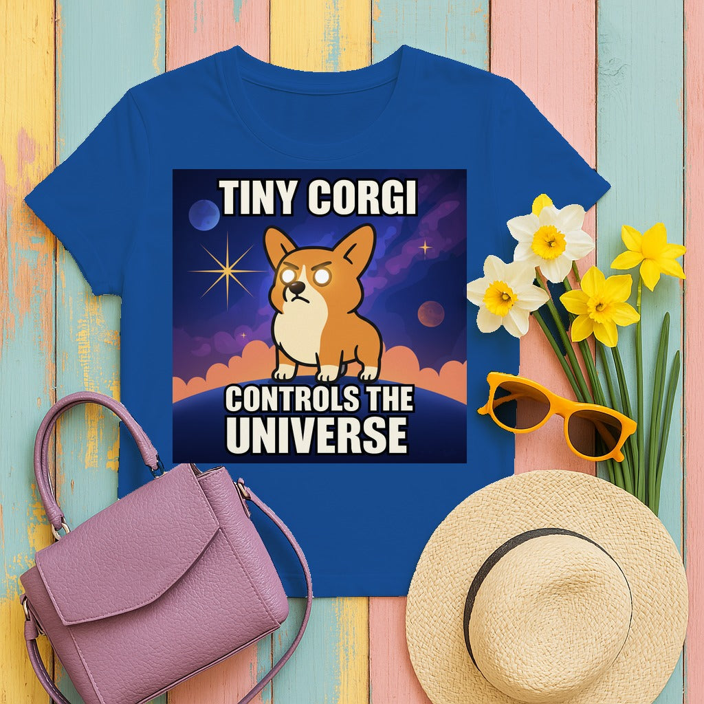 Tiny Corgi Controls the Universe Graphic Design T-Shirt in Royal