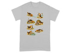 Six cartoon beagles in various fishing-related poses and activities on a grey t-shirt.