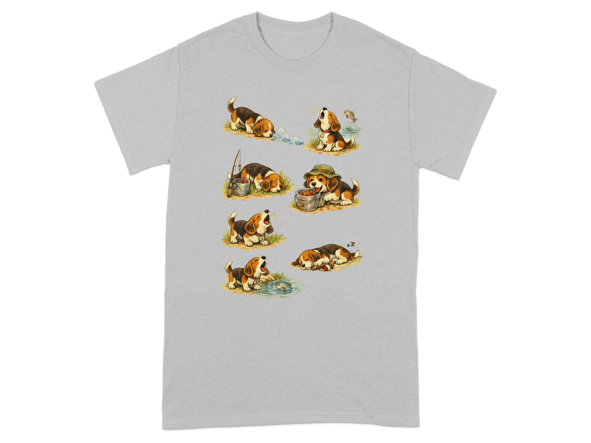 Six cartoon beagles in various fishing-related poses and activities on a grey t-shirt.