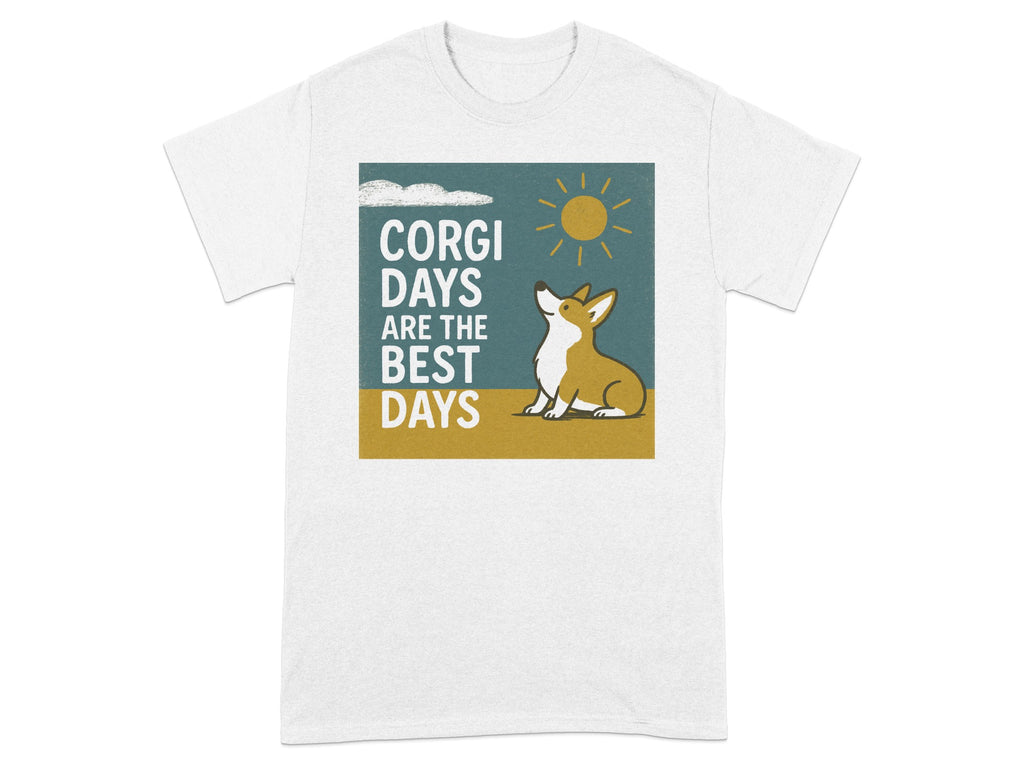 White t-shirt with a corgi looking up at a sun and clouds with text.