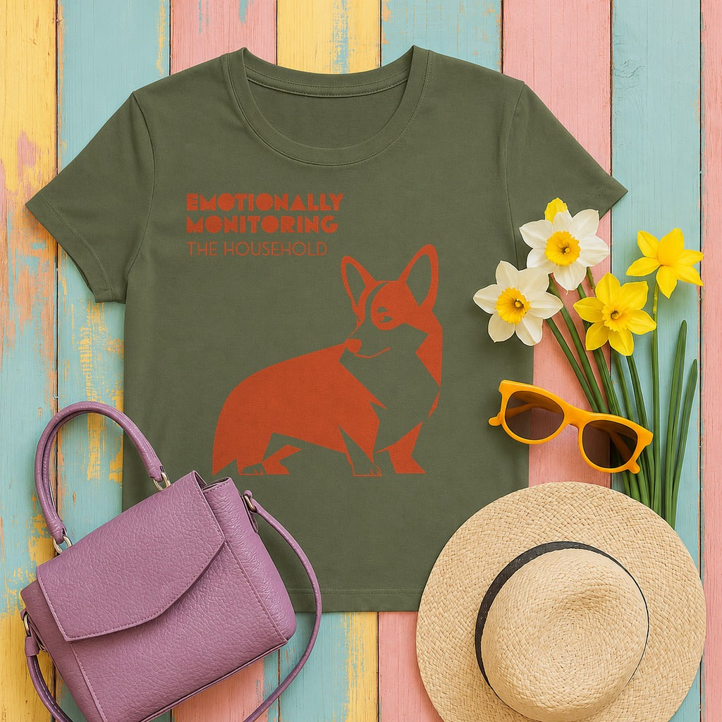 Emotionally Monitoring Corgi T-Shirt in Military Green