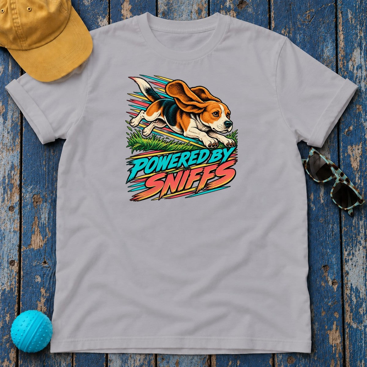Powered by Sniffs Beagle T-Shirt in Athletic Heather - flat lay
