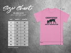 Gildan 5000 heavy cotton t-shirt size chart with "Certified Sniff Inspector" graphic.