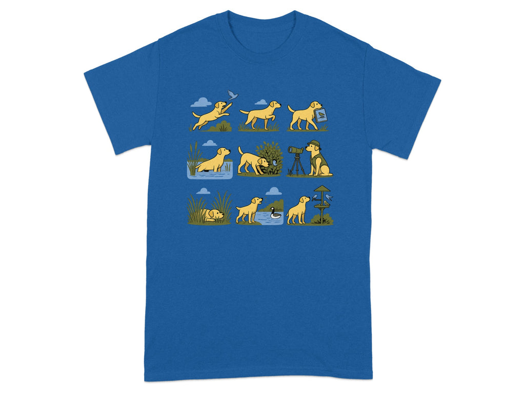 T-shirt with comic strip of yellow dog watching birds and ducks in various outdoor settings.
