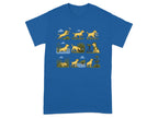 T-shirt with comic strip of yellow dog watching birds and ducks in various outdoor settings.