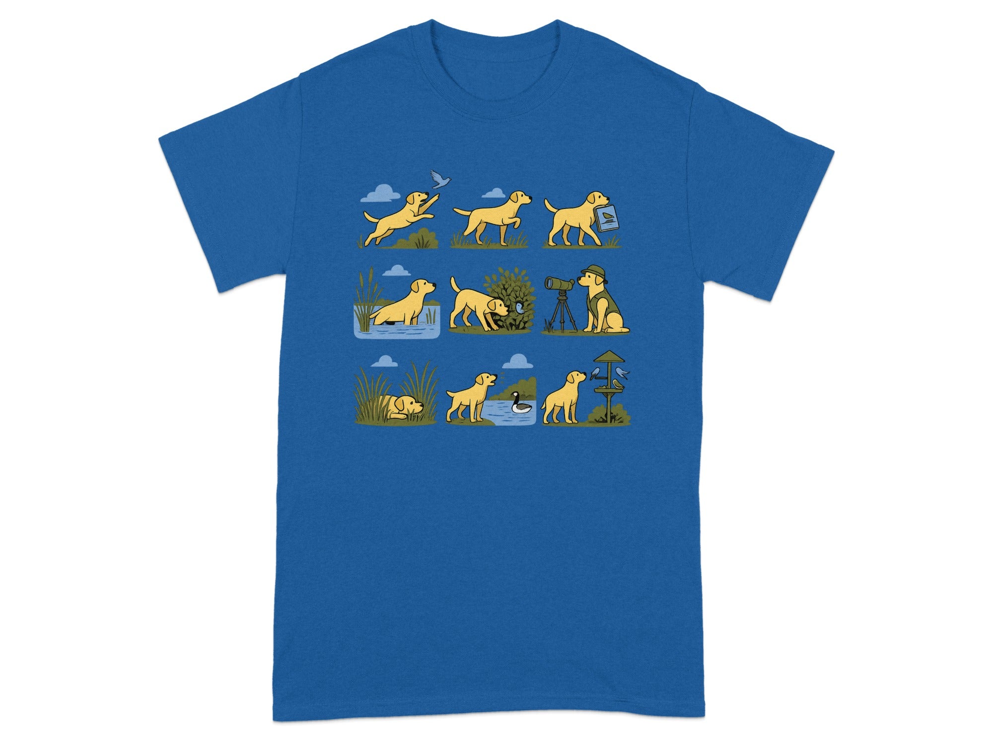 T-shirt with comic strip of yellow dog watching birds and ducks in various outdoor settings.