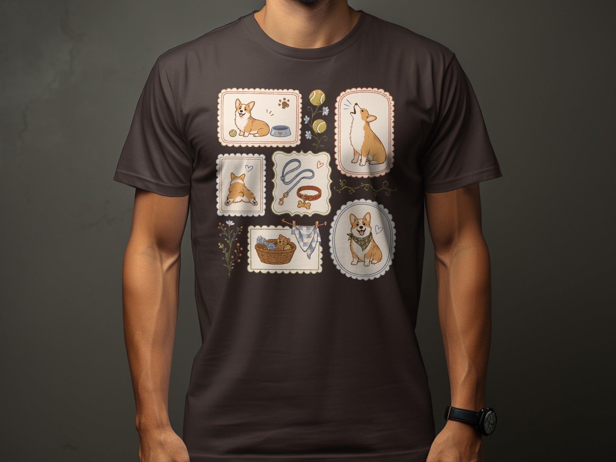 T-shirt with framed illustrations of corgis and dog accessories.