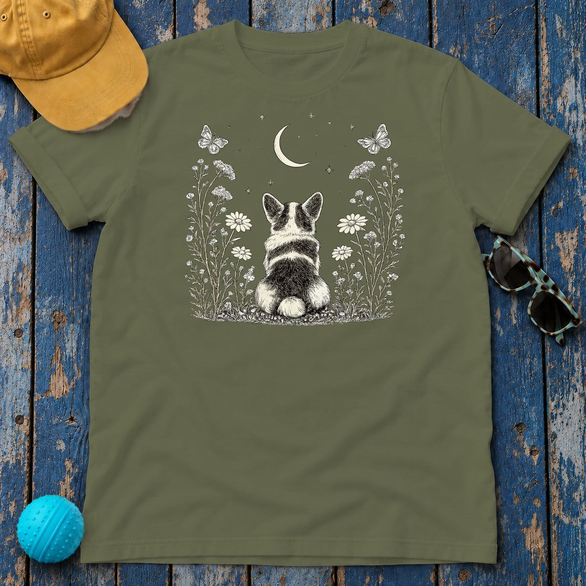 Ethereal Corgi Moon Gaze T-Shirt in Military Green