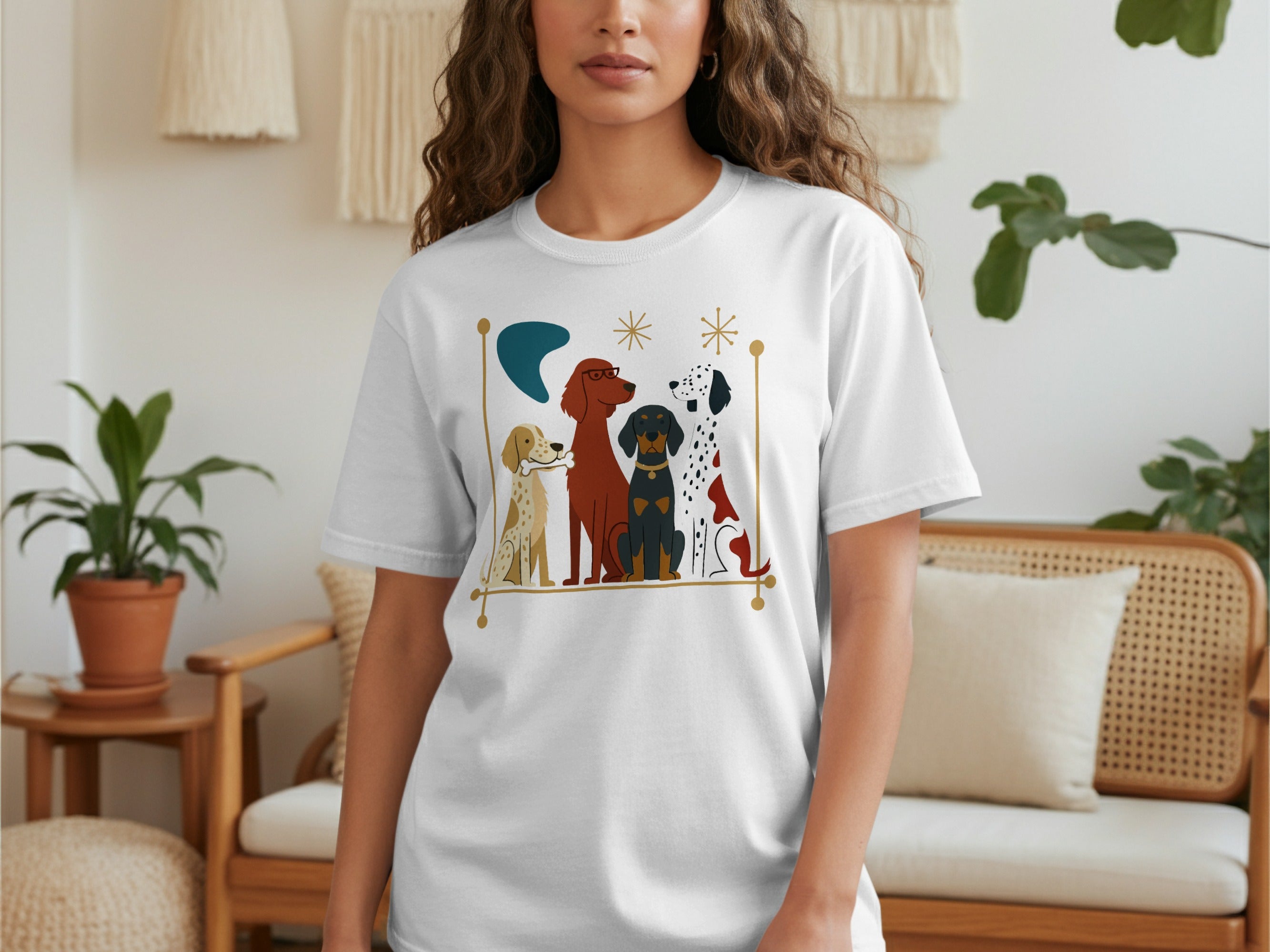 White t-shirt with cartoon dogs in a line wearing glasses.
