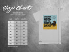 Gildan 5000 size chart with dog and sun graphic and text "The Best Days Are The Dirty Days".
