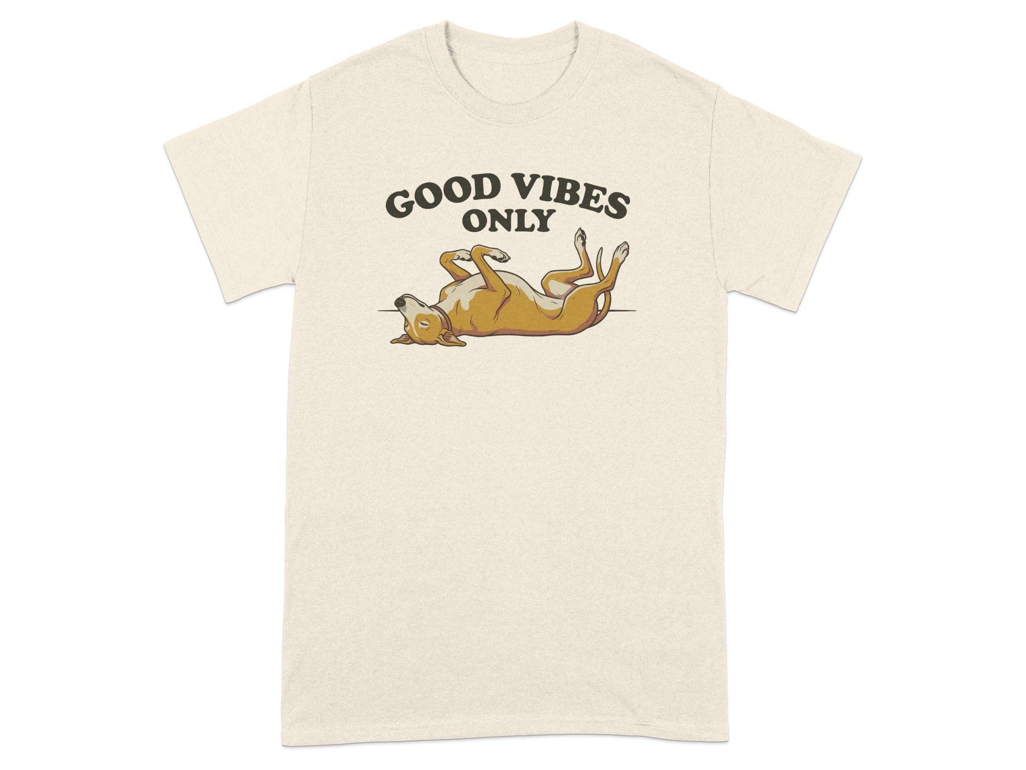 Cream t-shirt with a dog lounging on its back and text "GOOD VIBES ONLY".