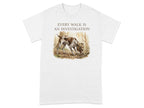 T-shirt with brown and white dog sniffing ground with text "EVERY WALK IS AN INVESTIGATION".