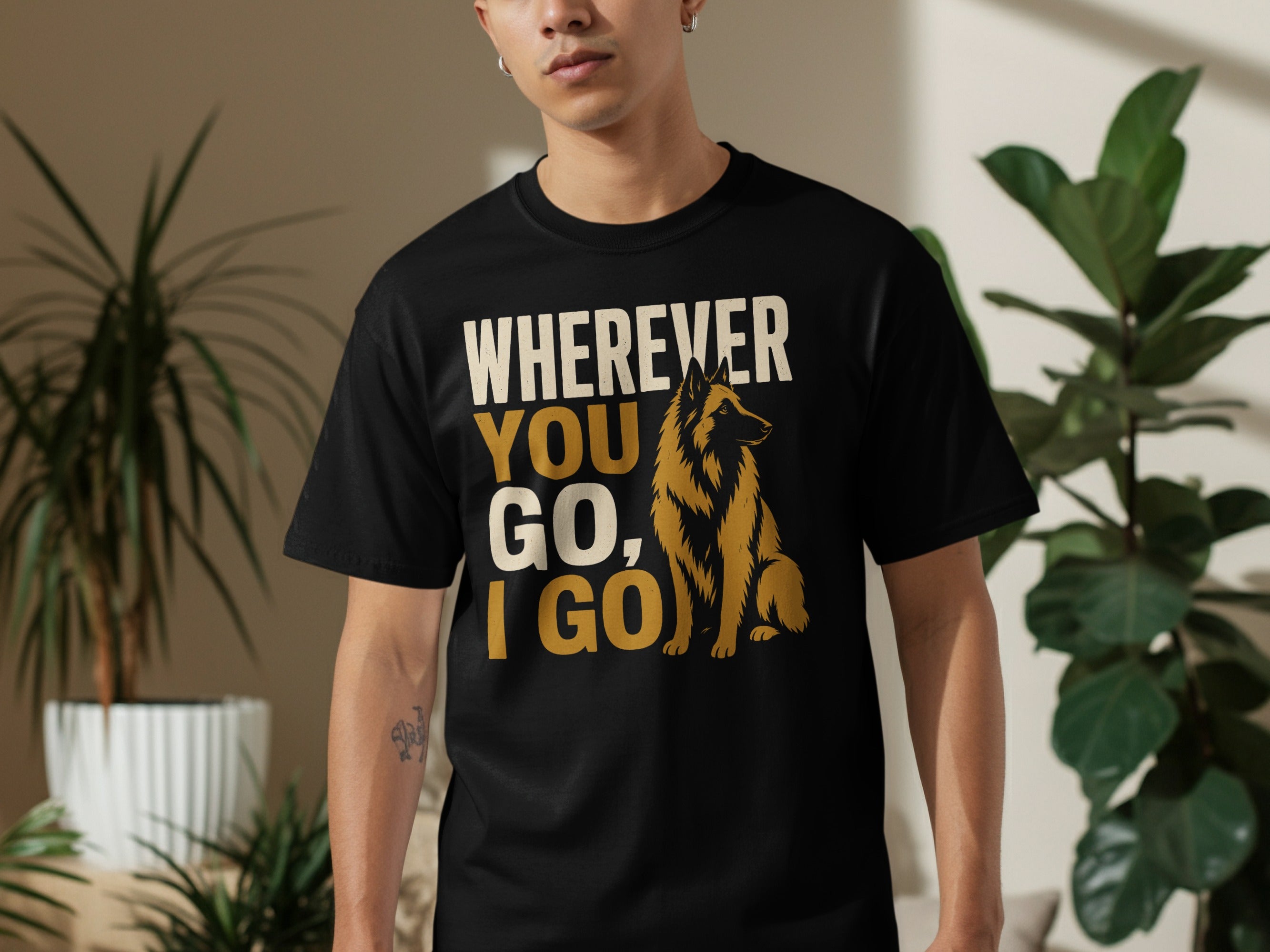 Black t-shirt with "Wherever You Go, I Go" text and a German Shepherd graphic.
