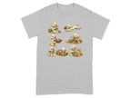 Poodles and a cat engage in various yarn-related activities on a light gray t-shirt.