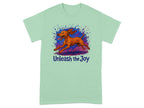 Mint green t-shirt with illustrated running dog and text "Unleash the Joy."