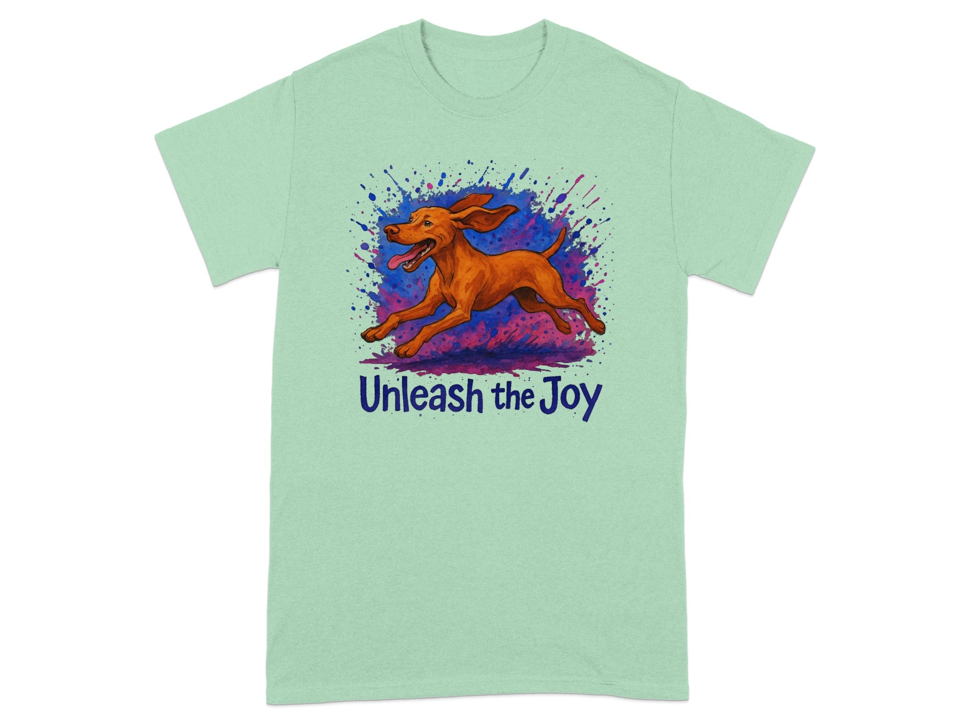 Mint green t-shirt with illustrated running dog and text "Unleash the Joy."