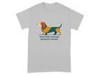 Grey t-shirt with colorful abstract dachshund and text.