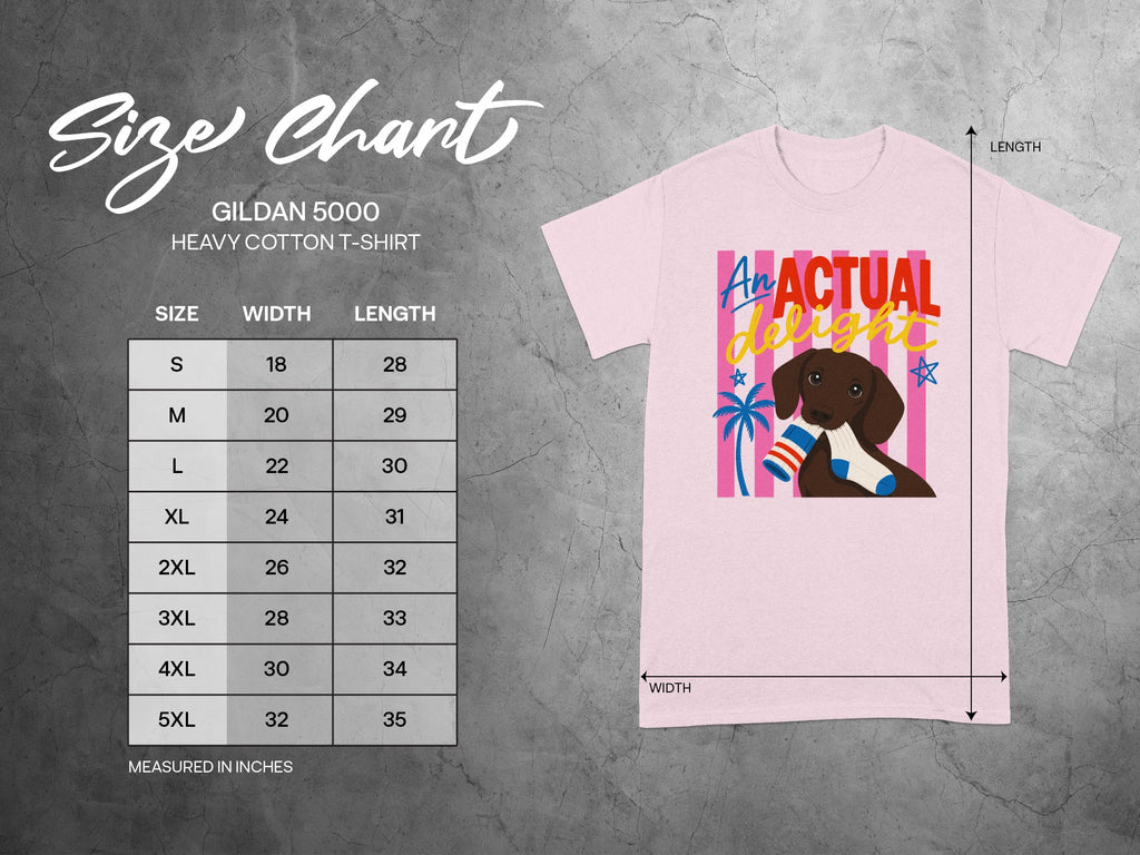 Gildan 5000 t-shirt size chart with dimensions and graphic of dog with socks.
