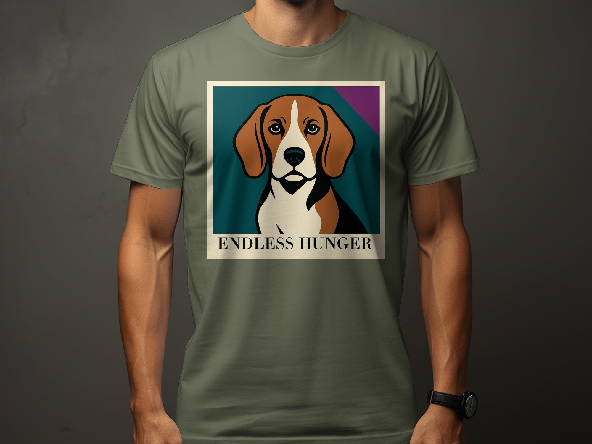 Beagle portrait on a t-shirt with the text "ENDLESS HUNGER" below.