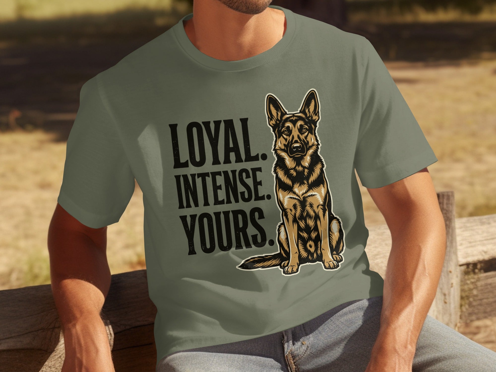 Olive green t-shirt with German Shepherd and text "LOYAL. INTENSE. YOURS."