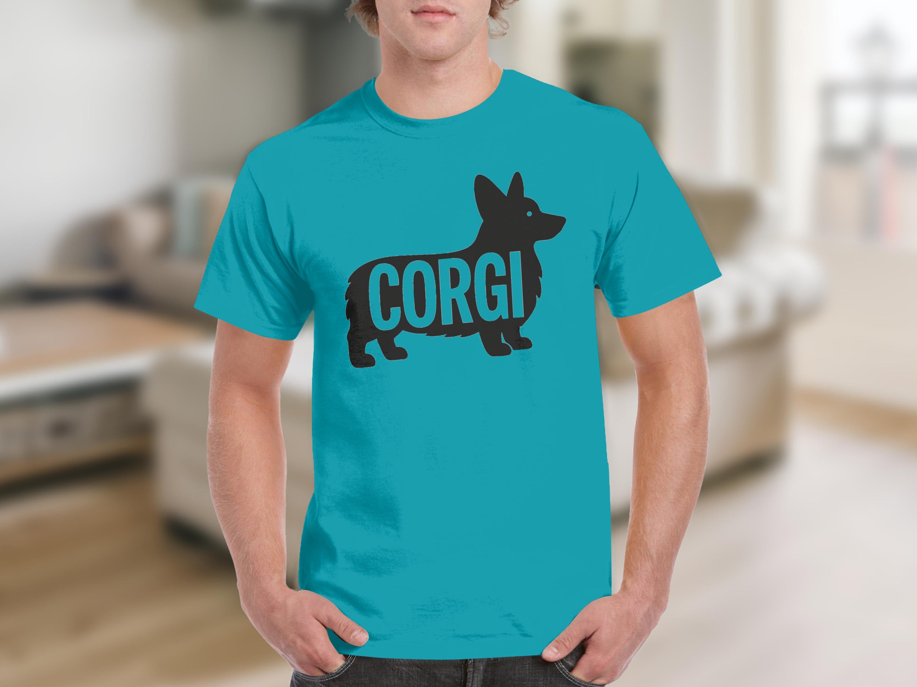 Teal t-shirt with a black silhouette of a corgi dog that reads "CORGI".