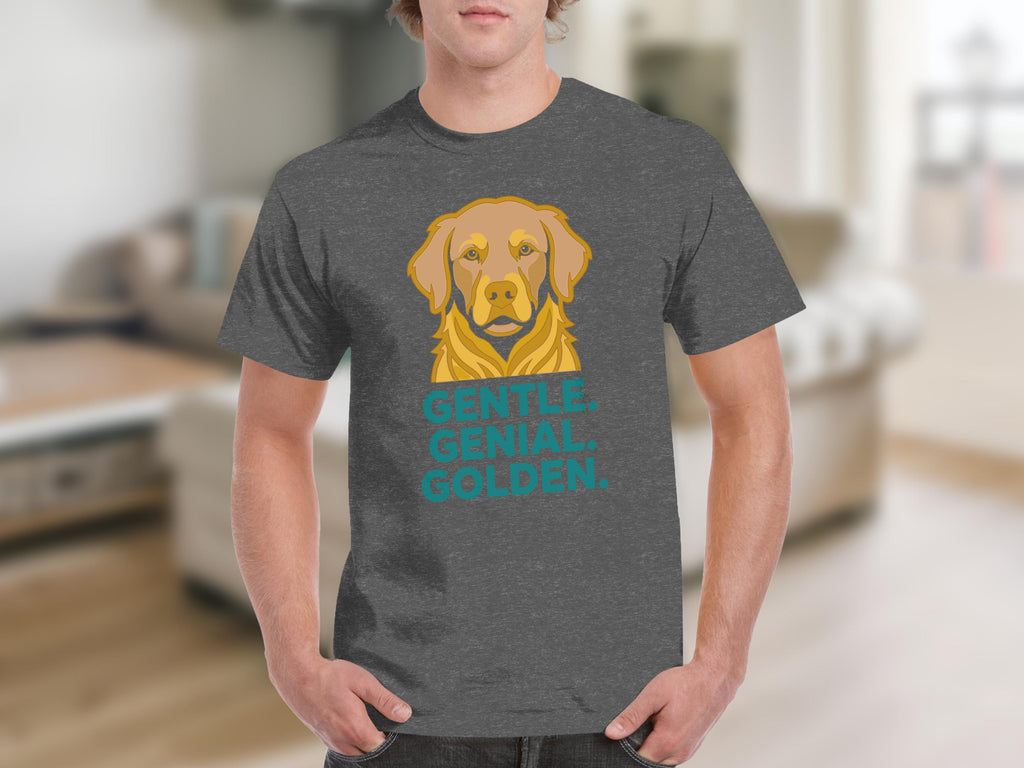 Grey t-shirt featuring a stylized golden retriever and the text "GENTLE. GENIAL. GOLDEN."