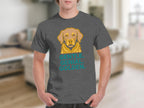 Grey t-shirt featuring a stylized golden retriever and the text "GENTLE. GENIAL. GOLDEN."