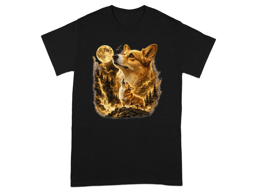 Black shirt featuring a digital painting of two corgis with a waterfall and moon.