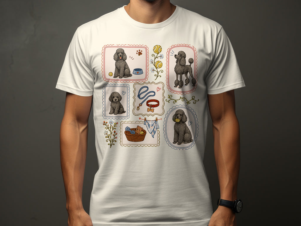 Poodles in various illustrated scenes with tennis balls and dog accessories.