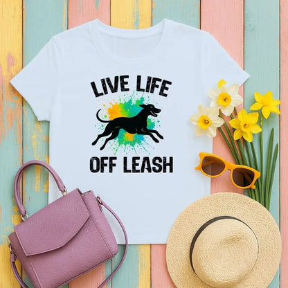 Live Life Off Leash Running Dog Silhouette Graphic T-Shirt Light Blue T-shirt