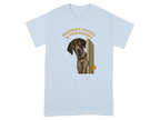 Brown and white dog peeking through a doorway on a light blue t-shirt.