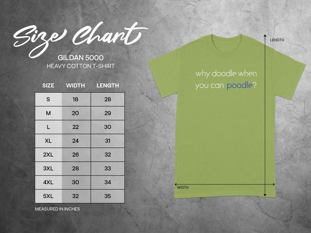 Gildan 5000 Heavy Cotton t-shirt size chart with measurements.