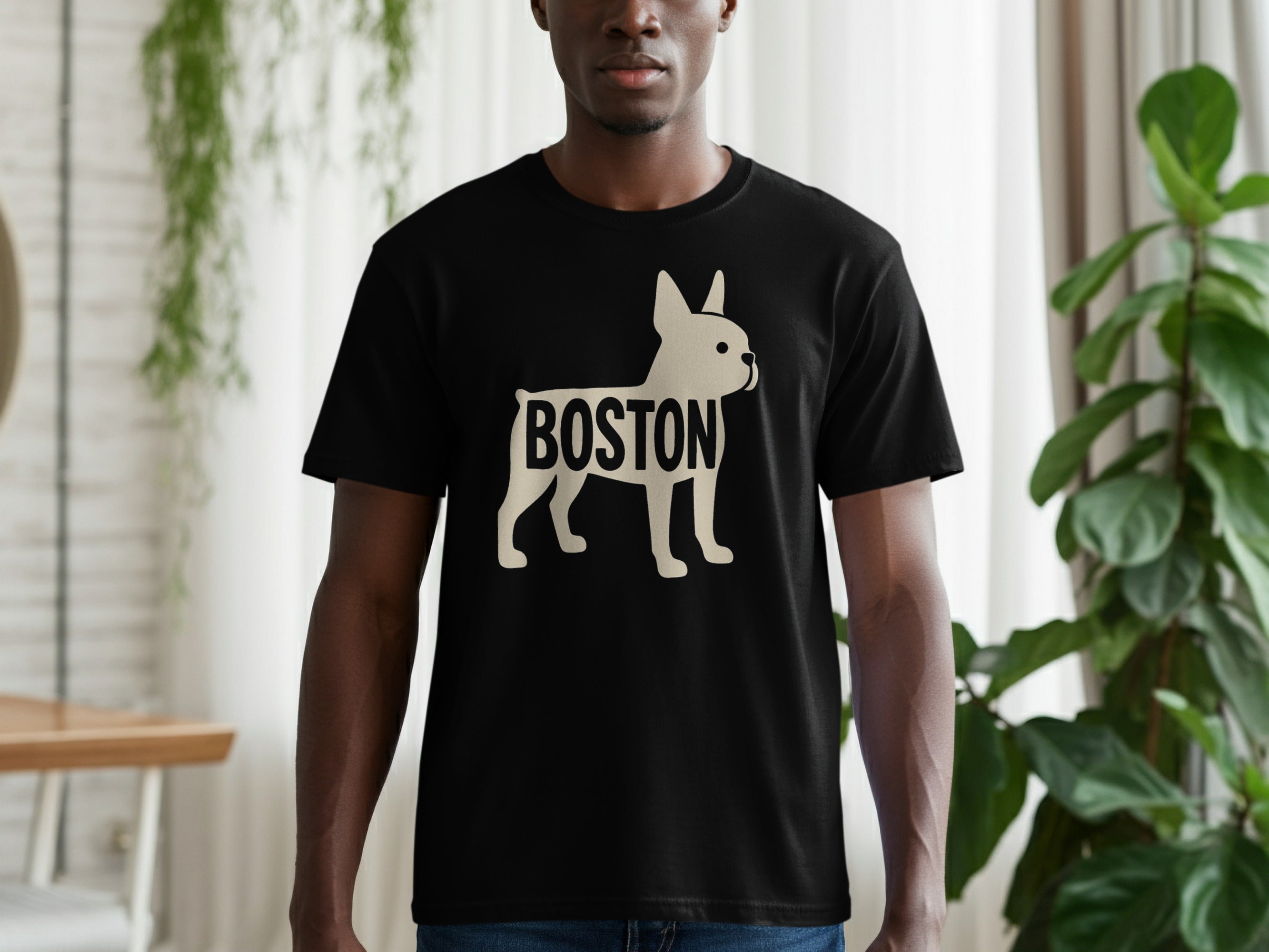 Black t-shirt with a beige French bulldog silhouette and the word "BOSTON" across its body.