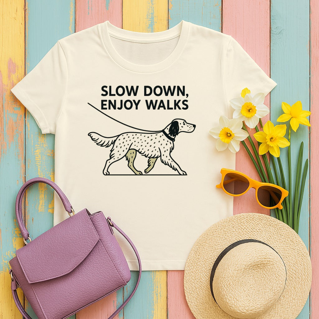 English Setter Slow Down Enjoy Walks Tee in Natural