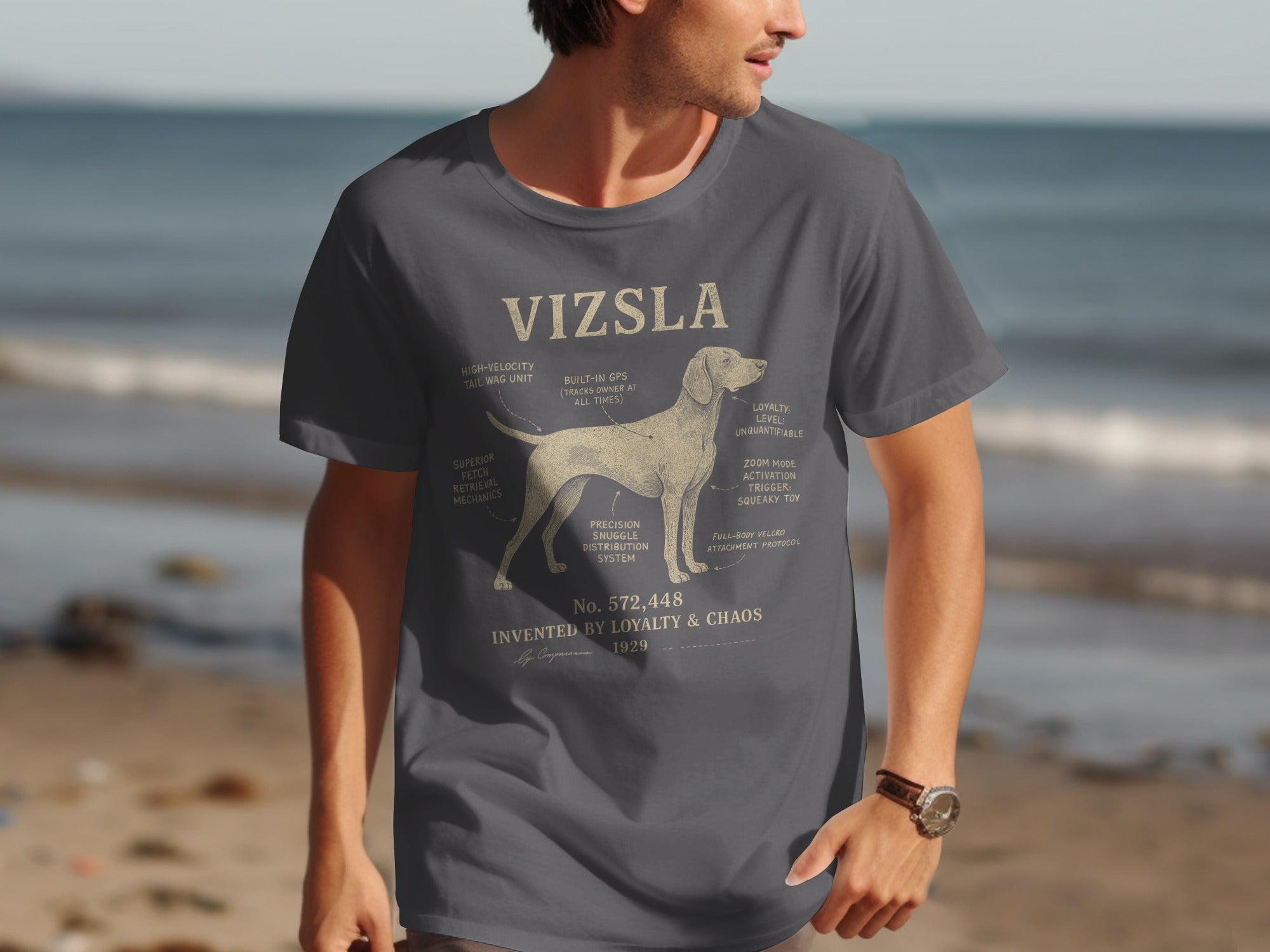 Vizsla t-shirt design with humorous anatomical labels for a dog.