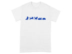White t-shirt with blue silhouette of a dog in five playful poses.