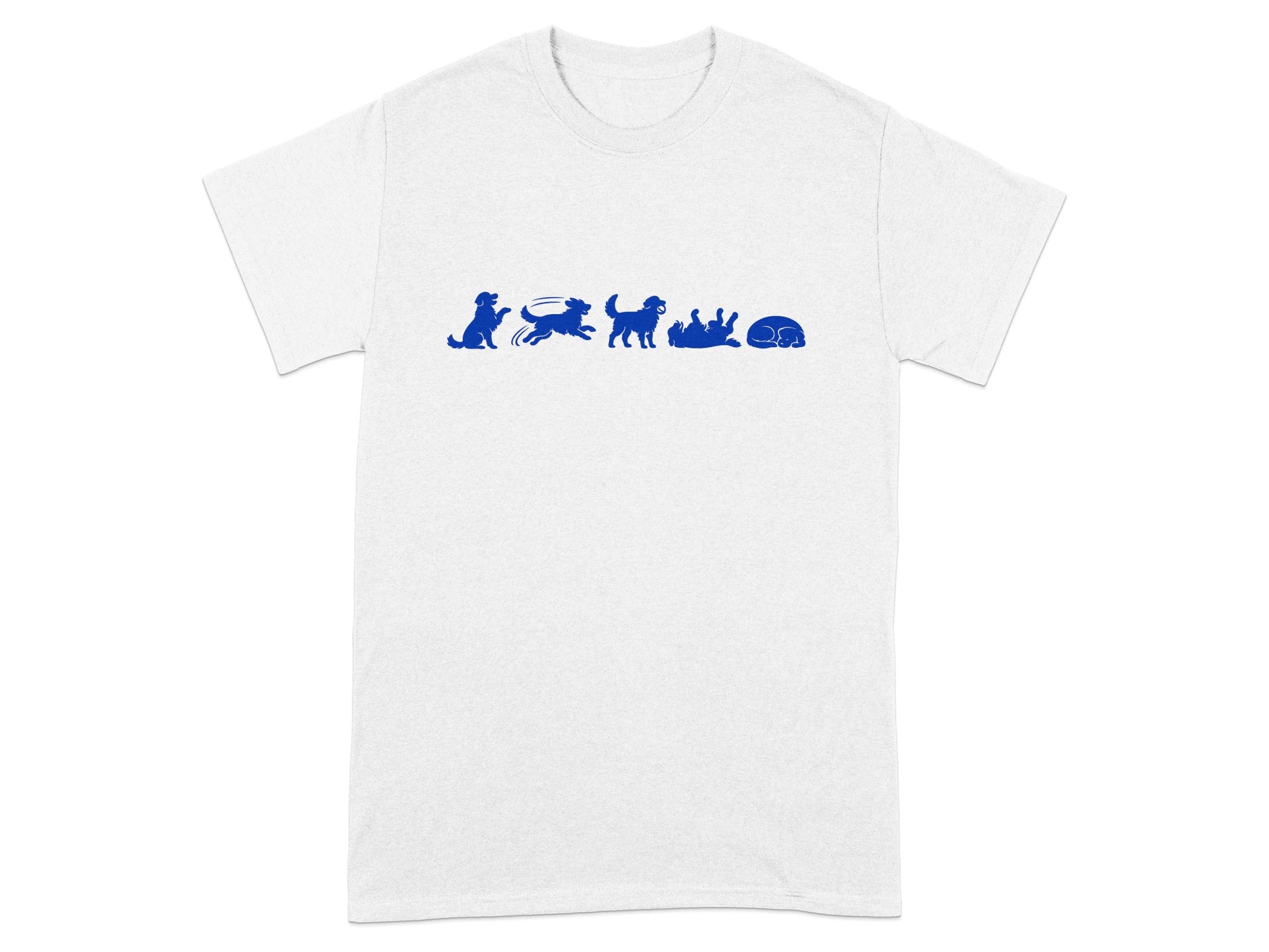 White t-shirt with blue silhouette of a dog in five playful poses.