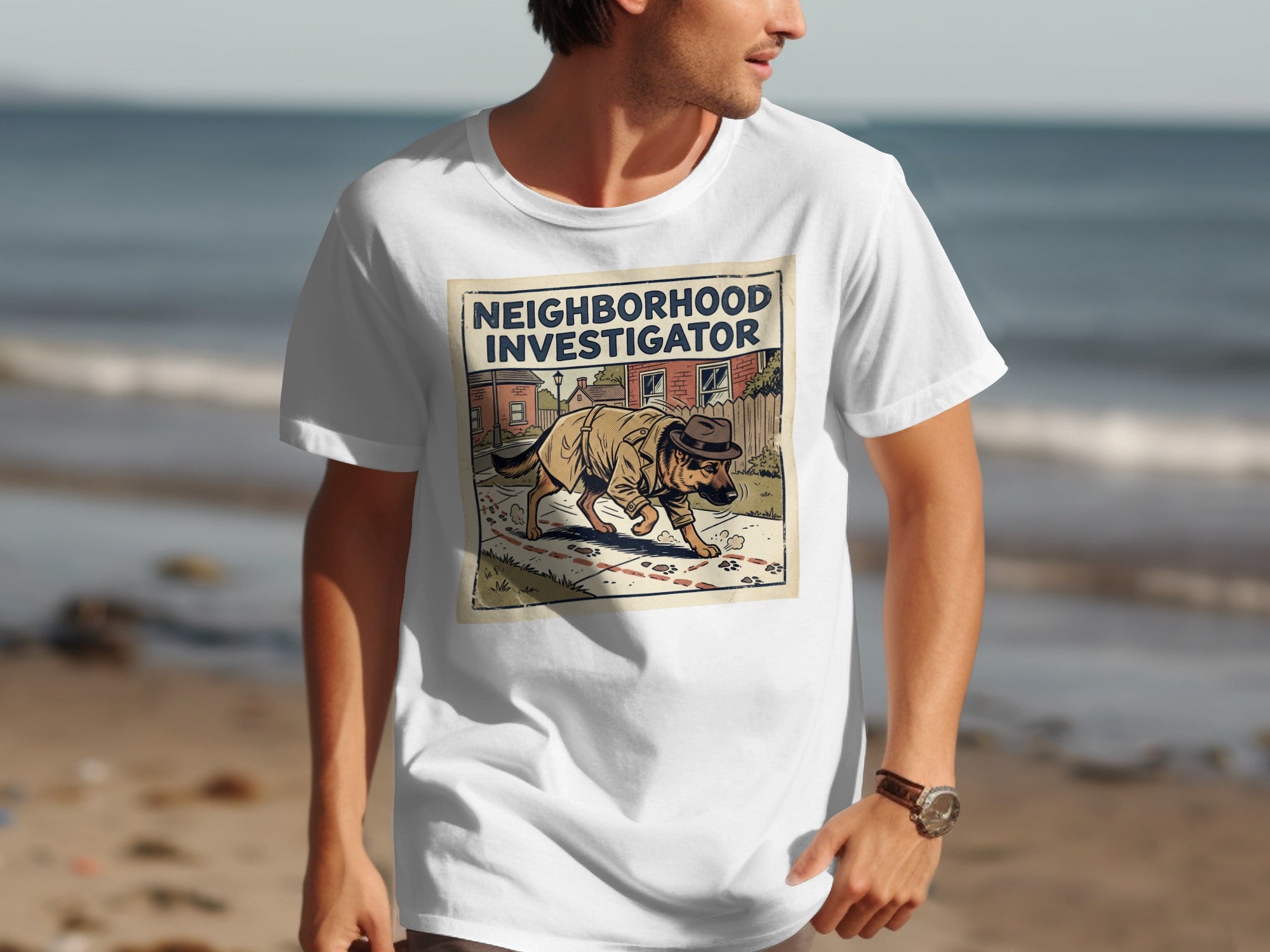 White t-shirt with a graphic of a dog as a "Neighborhood Investigator."