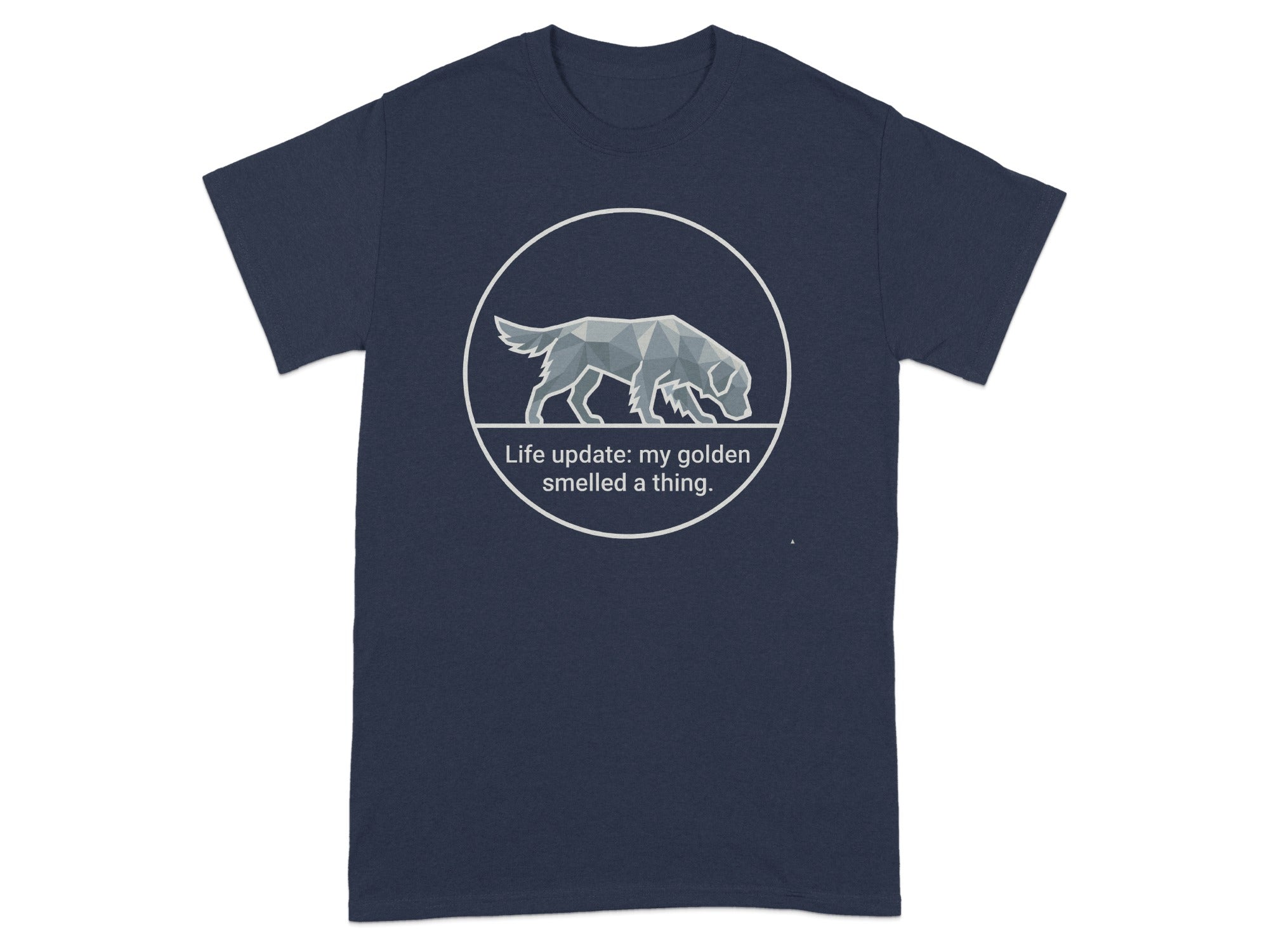 Navy t-shirt with a geometric golden retriever graphic and text.