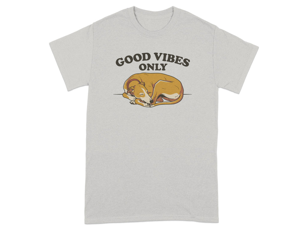 Grey t-shirt with "GOOD VIBES ONLY" text above a sleeping dog.