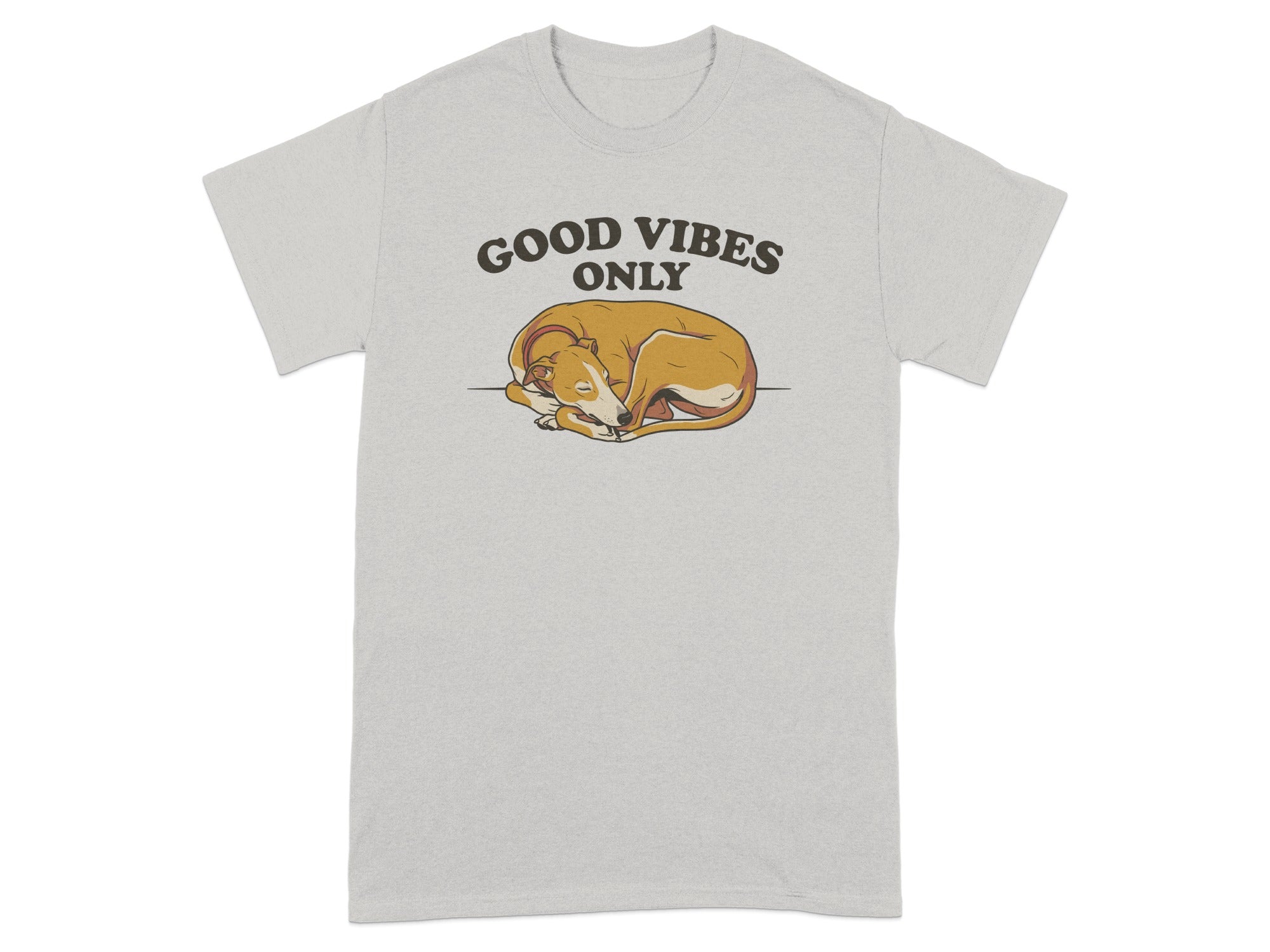 Grey t-shirt with "GOOD VIBES ONLY" text above a sleeping dog.