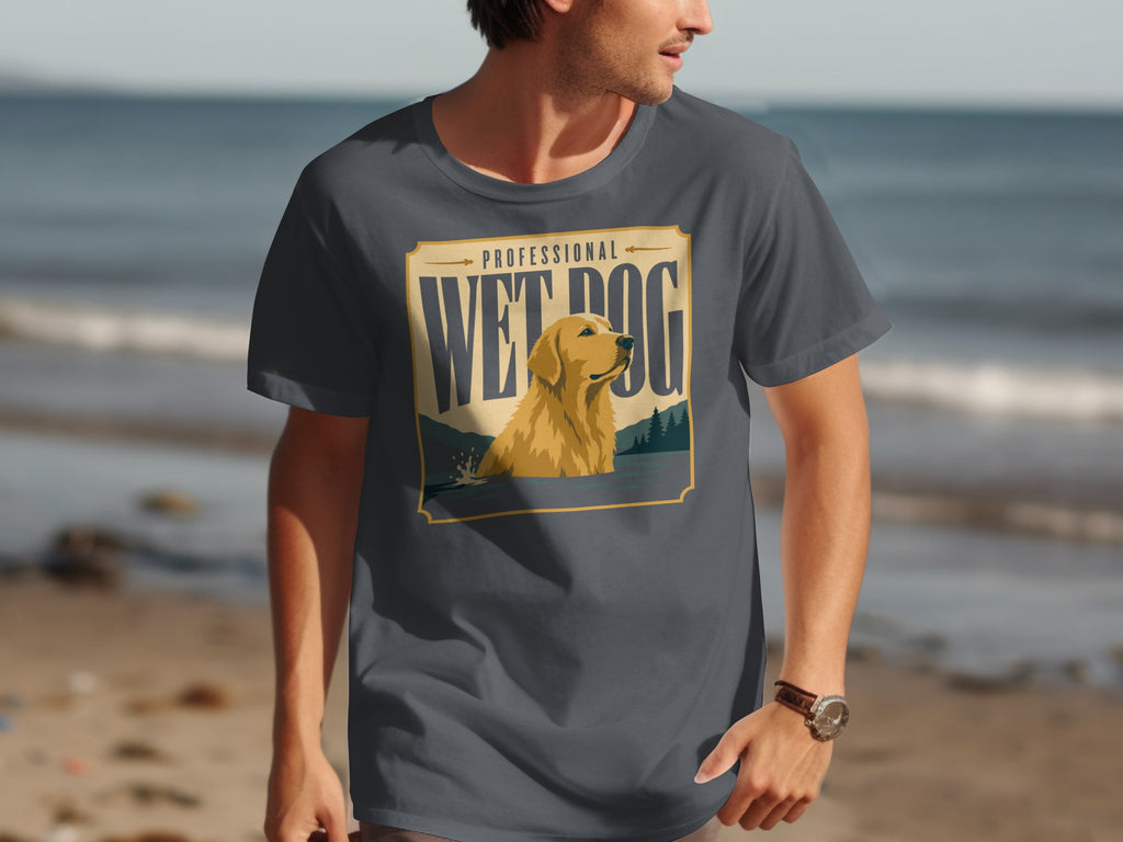 Golden Retriever in water with "Professional Wet Dog" text on a t-shirt.