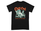 Black t-shirt with vintage cartoon dog in sunglasses relaxing in a chair.